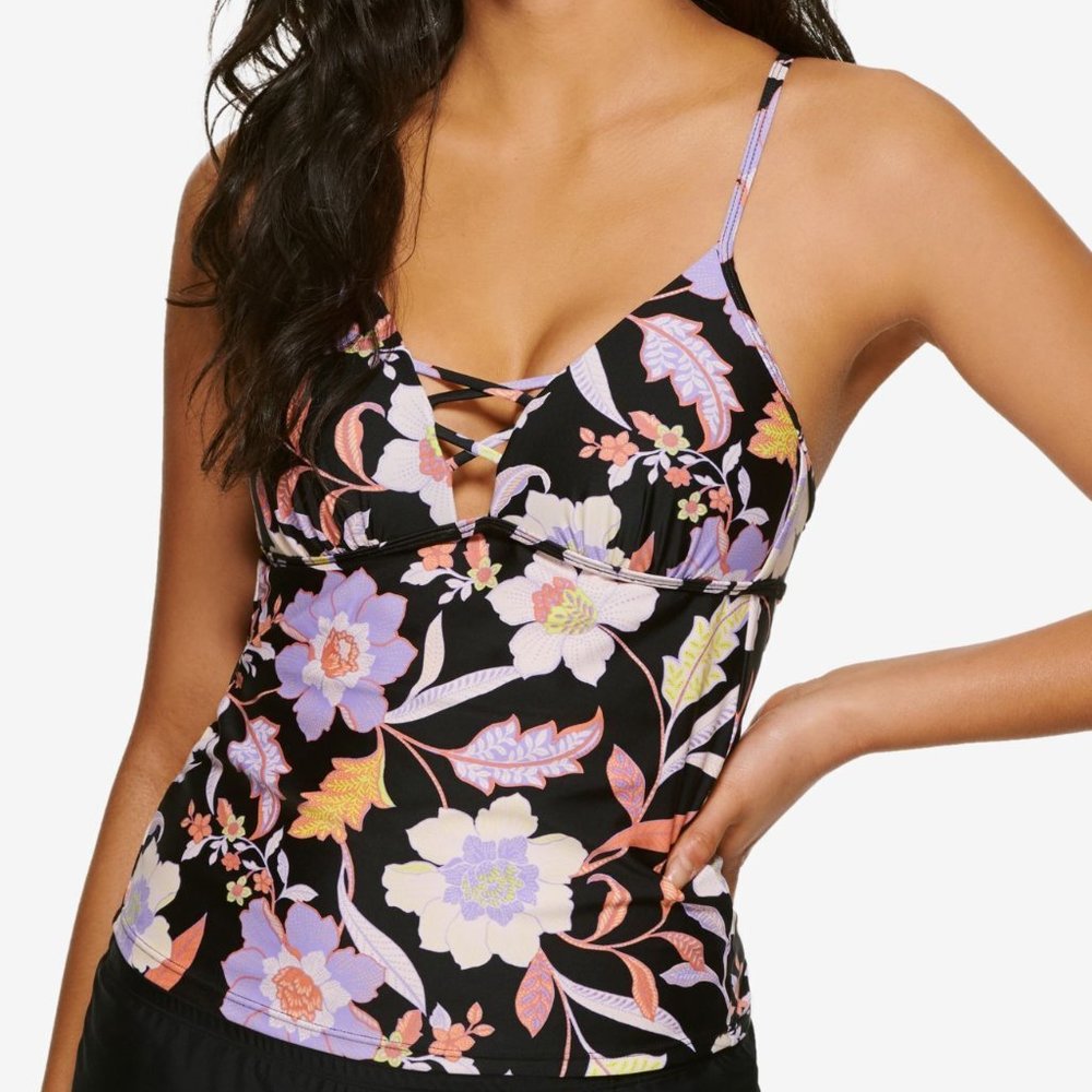 Hula Honey Swimwear Top Junior Tankni Floral Print Black XS